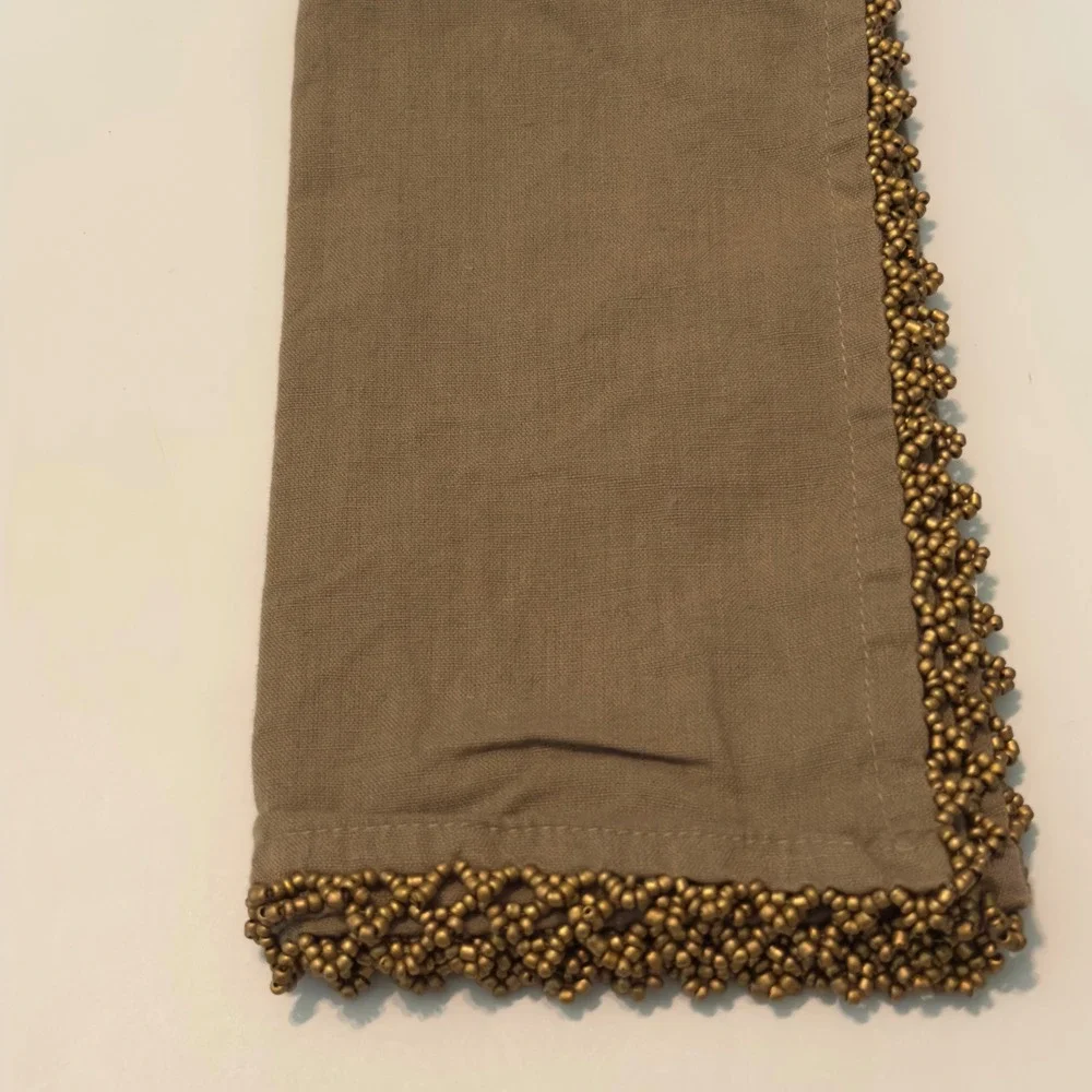 Pier 1 Imports Beaded Linen Blend Napkins Set of 4 Taupe Khaki Gold Trim 19x19